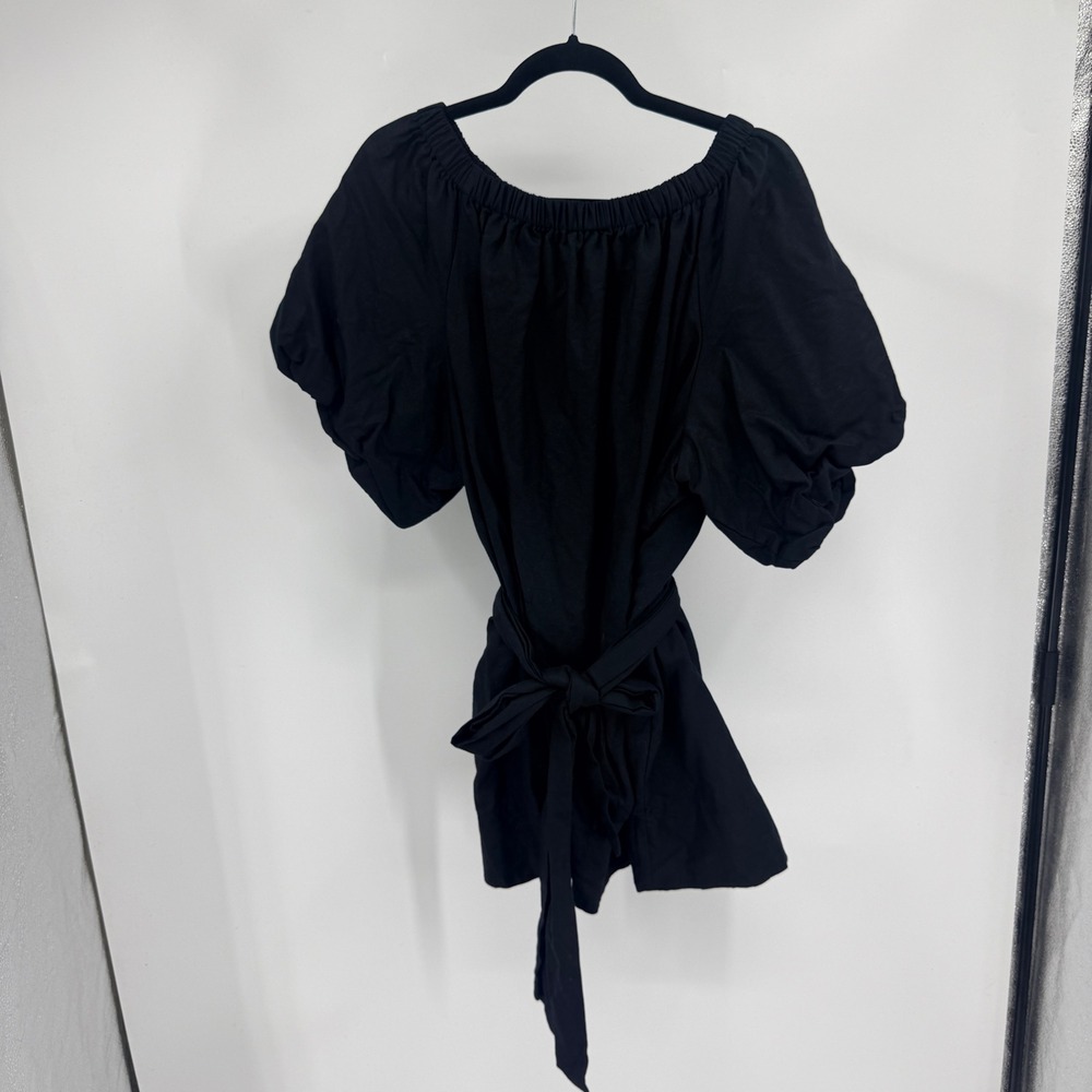 Beulah Style Black Organic Linen Puff Sleeve Off Shoulder Belted Top MC3737 S